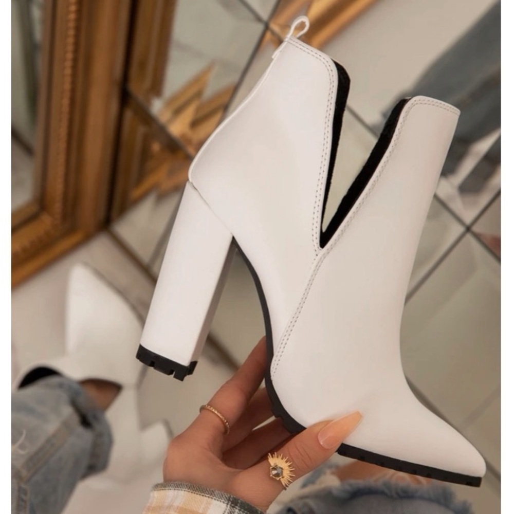 White Ankle High Block Chunky Heel Booties - Picture 3 of 13